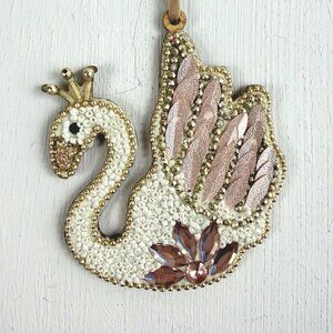 Christmas Ornament Swan Crown Beaded Jewels Metallic White Silver Fancy